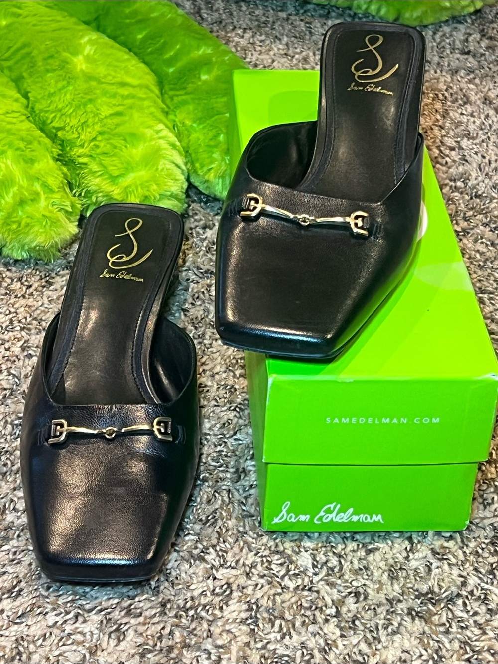 Sam Edelman Black Leather Slip-On Mules with Gold Bit Hardware